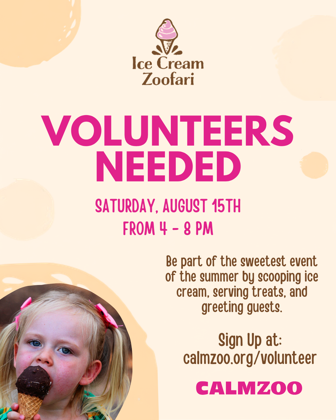 Ice Cream Zoofari volunteers needed Saturday, August 15